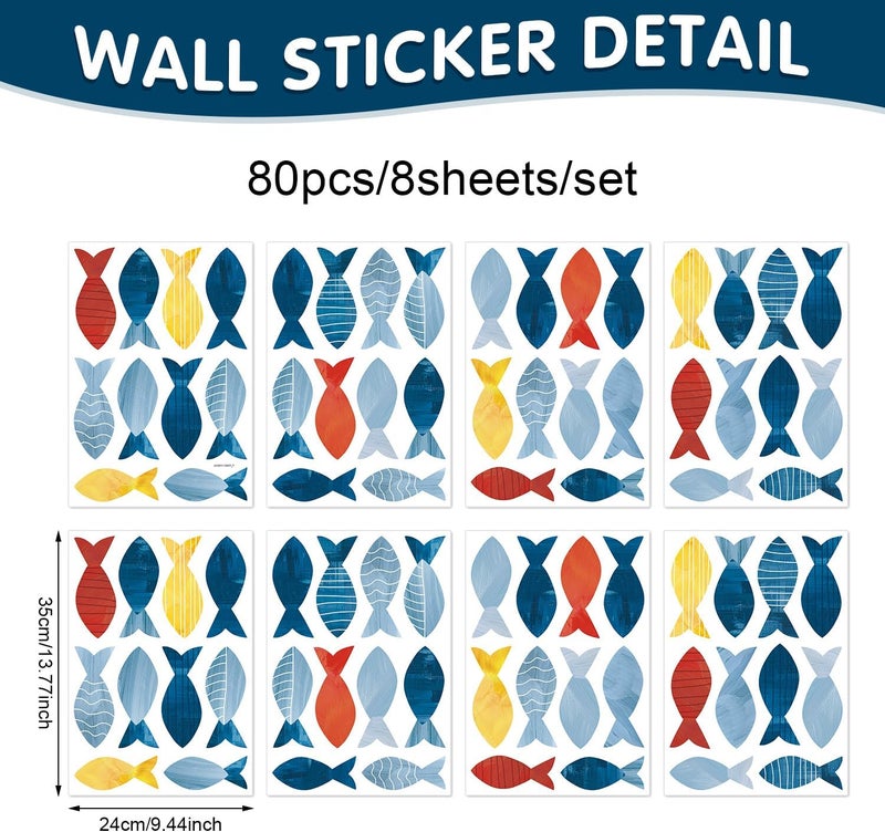 Kasubeso 80 Pcs Creative Ocean Fish Wall Decals, Peel and Stick Blue Fish Wall Stickers, Vibrant Sea Life Watercolor Fishing Wall Decor for Kids Room Nursery Bedroom Playroom Classroom - Image 2
